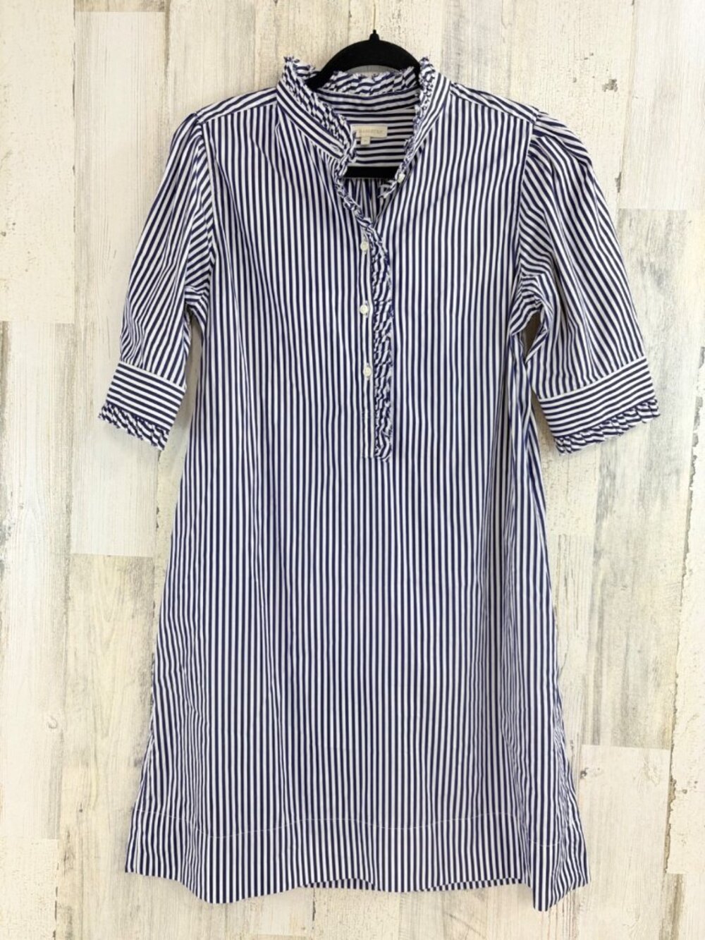 Ann Mashburn Sz M Short Sleeve Frill Shirt Dress Blue White Stripe